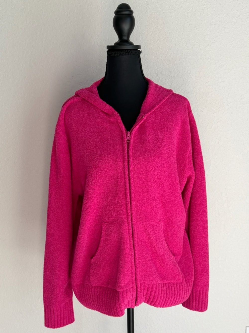 Lulu-B Vibrant Hot‎ Pink Cozy, Chenille Cardigan Zipper Sweater, Large